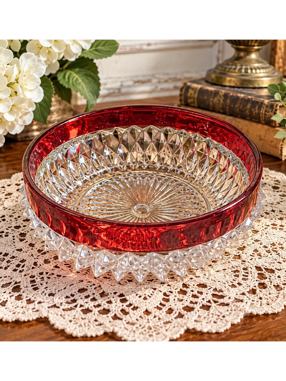 Vintage Indiana Glass Diamond Point Ruby Flash Individual Salad / Serving Bowl